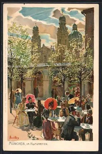 Künstler-Lithographie Paul Hey: München, Blick auf die Terrasse des Cafe Hofgarten