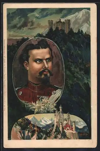 Lithographie Neuschwanstein, König Ludwig II. mit Schloss