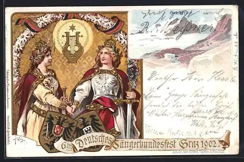 Lithographie Graz, 6. Deutsches Sängerbundesfest 1902, Dachstein, Königspaar, Wappen