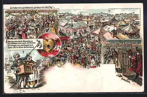 Lithographie Leierkastenmann auf einem Volksfest, Herzförmiges Bienenhaus