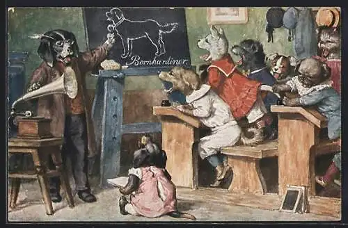 Künstler-AK A. Thiele: In der Hundeschule, Musikunterricht mit Grammophon