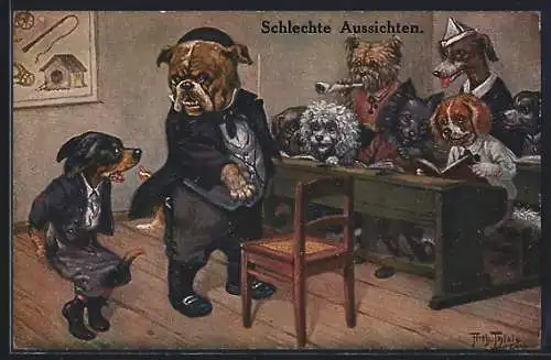 Künstler-AK Arthur Thiele: Schlechte Aussichten, Hundeschule, Dackel