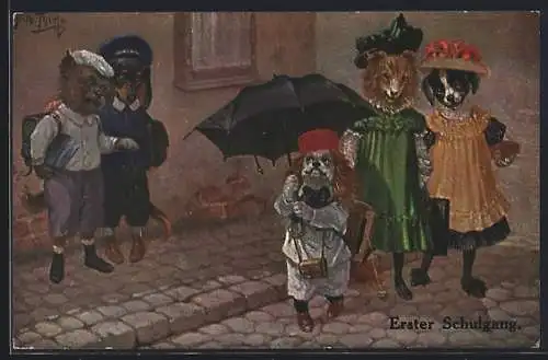 Künstler-AK Arthur Thiele: Einschulung in der Hundeschule, Dackel