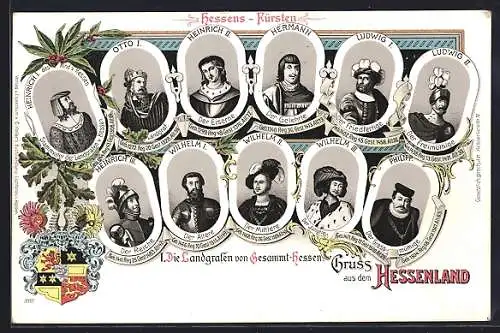Lithographie Die Landgrafen von Gesamt-Hessen, Otto I., Hermann, Ludwig I., Philipp