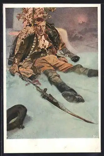 Künstler-AK Alphonse Mucha: Bi ahoslaveni, kteri protivenstvi trpi..., Mann sitzt im Schnee