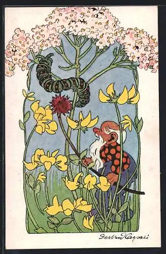 Künstler-AK Gertrud Caspari: Zwerg ärgert eine Raupe