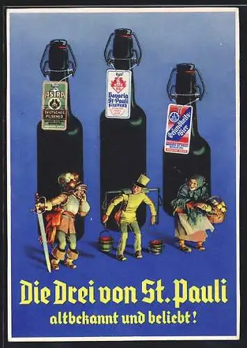 AK Brauerei-Werbung für die Drei von St. Pauli, Bavaria, Astra & Gesundheitsbier, Ritter, Wasserträger, Marktfrau