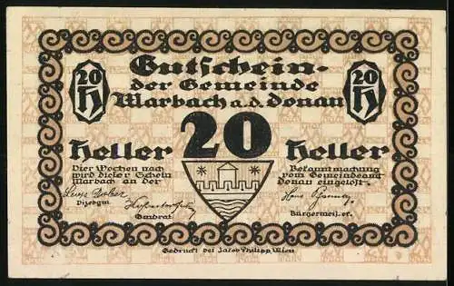 Notgeld Marbach an der Donau, 20 Heller, Stadtansicht mit Brücke und Wappen