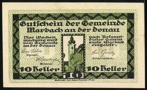 Notgeld Marbach, 10 Heller, Rathaus und Wappen von Marbach an der Donau