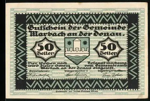 Notgeld Marbach an der Donau, 50 Heller, Wappen und Landschaftsansicht mit Bergen und Häusern