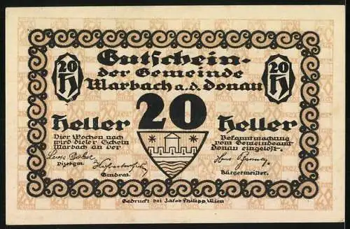 Notgeld Marbach a.d. Donau, 20 Heller, Brückenmotiv und Stadtansicht, Wappen und Seriennummer enthalten