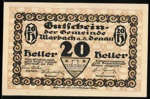 Notgeld Marbach a.d. Donau, 20 Heller, mit Ortsansicht und Wappen der Gemeinde