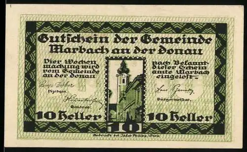 Notgeld Marbach an der Donau, 10 Heller, Rathaus und Wappen der Stadt