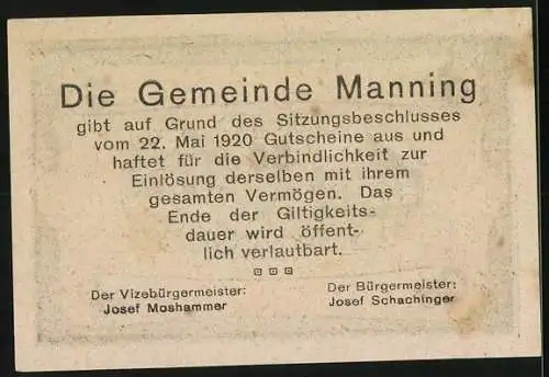 Notgeld Manning 1920, 50 Heller, Gebäude und Landschaftsmotiv, Josef Moshammer und Josef Schachinger