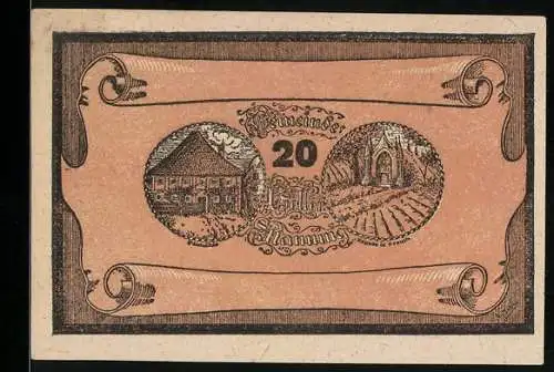 Notgeld Manning 1920, 20 Heller, Gebäude und Kirche-Motive