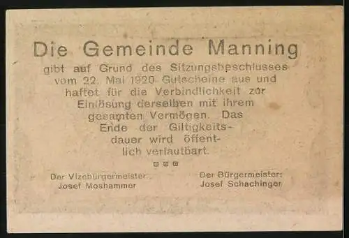 Notgeld Manning 1920, 20 Heller, Gebäude und Kirche-Motive