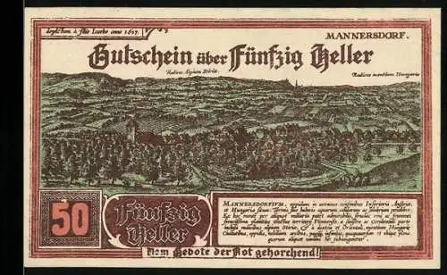 Notgeld Mannersdorf 1920, 50 Heller, Landschaftspanorama und Ornamentrahmen