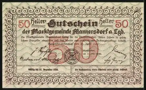 Notgeld Mannersdorf 1920, 50 Heller, Landschaftspanorama und Ornamentrahmen