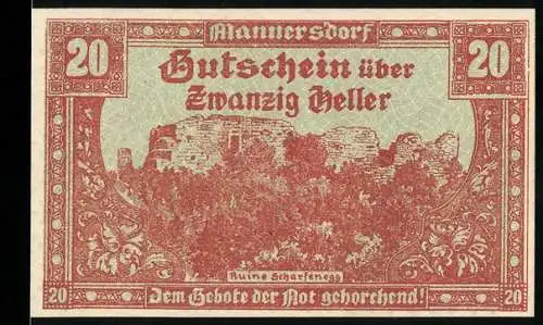 Notgeld Mannersdorf 1920, 20 Heller, Ruine Scharfeneck, kunstvolle Umrandung, Seriennummer und Wappen