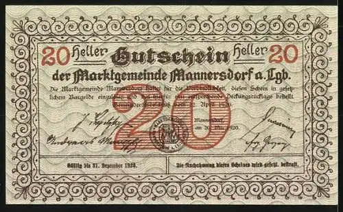 Notgeld Mannersdorf 1920, 20 Heller, Ruine Scharfeneck, kunstvolle Umrandung, Seriennummer und Wappen