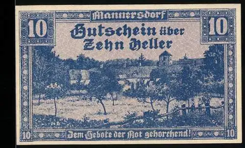 Notgeld Mannersdorf 1920, 10 Heller, ländliche Szene mit Gebäuden, dekorative Umrandung und Unterschriften