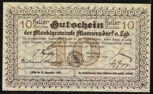 Notgeld Mannersdorf 1920, 10 Heller, ländliche Szene mit Gebäuden, dekorative Umrandung und Unterschriften