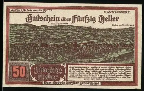 Notgeld Mannersdorf 1920, 50 Heller, Landschaftsansicht mit Stadt und umliegenden Hügeln