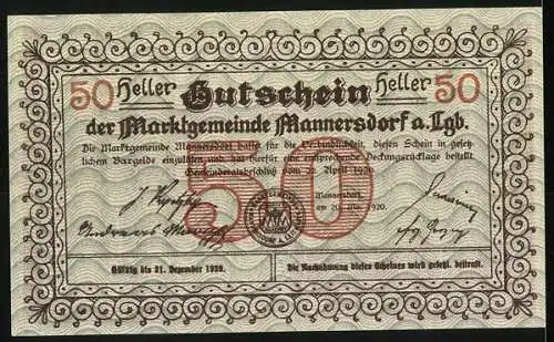 Notgeld Mannersdorf 1920, 50 Heller, Landschaftsansicht mit Stadt und umliegenden Hügeln