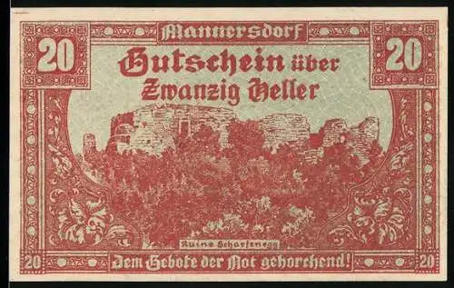 Notgeld Mannersdorf 1920, 20 Heller, Ruine Scharfeneck, kunstvolle florale Bordüre