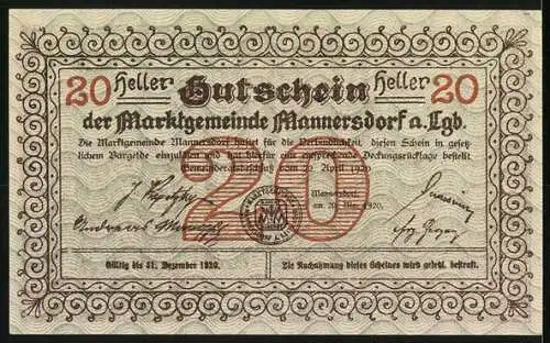 Notgeld Mannersdorf 1920, 20 Heller, Ruine Scharfeneck, kunstvolle florale Bordüre