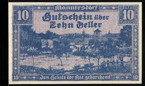 Notgeld Mannersdorf 1920, 10 Heller, Landschaftsmotiv mit Gebäuden und dekorativem Rahmen, Seriennummer und Wappen