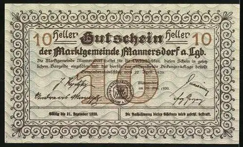 Notgeld Mannersdorf 1920, 10 Heller, Landschaftsmotiv mit Gebäuden und dekorativem Rahmen, Seriennummer und Wappen