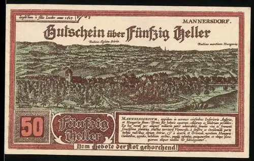 Notgeld Mannersdorf 1920, 50 Heller, Stadtansicht mit Landschaftsmotiv und dekorativem Muster