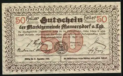 Notgeld Mannersdorf 1920, 50 Heller, Stadtansicht mit Landschaftsmotiv und dekorativem Muster