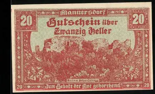 Notgeld Mannersdorf 1920, 20 Heller, Ruine Scharfeneck, kunstvolle Umrandung, Seriennummer und Wappen