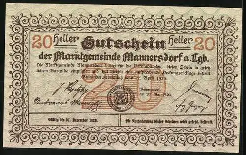 Notgeld Mannersdorf 1920, 20 Heller, Ruine Scharfeneck, kunstvolle Umrandung, Seriennummer und Wappen