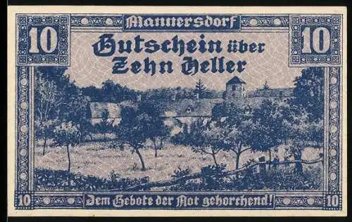 Notgeld Mannersdorf 1920, 10 Heller, ländliche Szene mit Gebäuden, Signaturen, Wappen