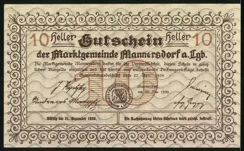 Notgeld Mannersdorf 1920, 10 Heller, ländliche Szene mit Gebäuden, Signaturen, Wappen