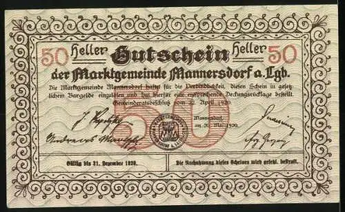 Notgeld Mannersdorf 1920, 50 Heller, Landschaftsansicht und dekorative Bordüre