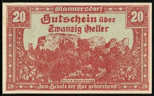 Notgeld Mannersdorf 1920, 20 Heller, Ruine Scharfeneck, Ornamentrahmen, Seriennummer und Gemeindesiegel