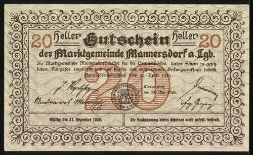 Notgeld Mannersdorf 1920, 20 Heller, Ruine Scharfeneck, Ornamentrahmen, Seriennummer und Gemeindesiegel