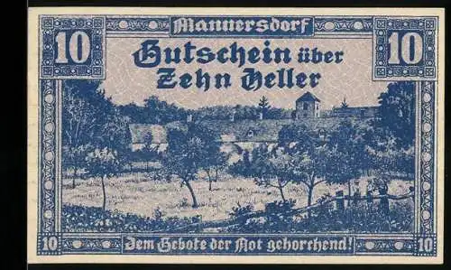 Notgeld Mannersdorf 1920, 10 Heller, Landschaftsmotiv, Gültig bis 31. Dezember 1920, mit Unterschriften und Siegel