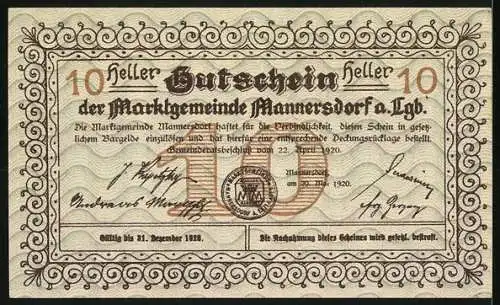 Notgeld Mannersdorf 1920, 10 Heller, Landschaftsmotiv, Gültig bis 31. Dezember 1920, mit Unterschriften und Siegel