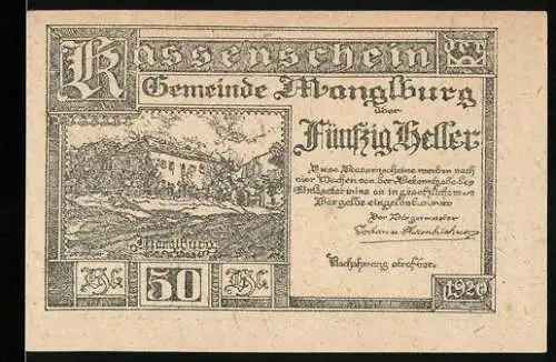 Notgeld Manglburg 1920, 50 Heller, Landschaftsmotiv mit Gebäude und dekorativem Rahmenmuster