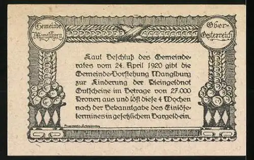 Notgeld Manglburg 1920, 50 Heller, Landschaftsmotiv mit Gebäude und dekorativem Rahmenmuster