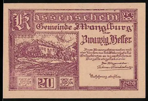 Notgeld Manglburg 1920, 20 Heller, Gebäude und florale Verzierung