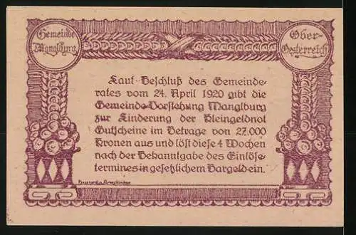 Notgeld Manglburg 1920, 20 Heller, Gebäude und florale Verzierung