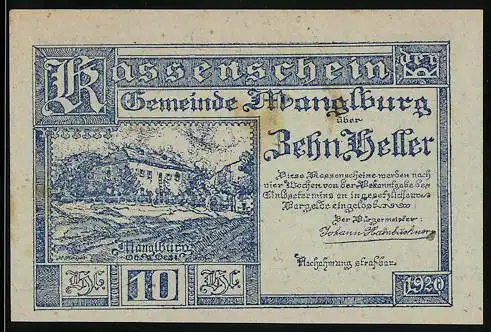 Notgeld Manglburg 1920, 10 Heller, Landschaftsansicht und Schriftzug, Gemeinde Manglburg, Oberösterreich