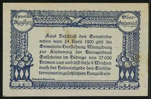 Notgeld Manglburg 1920, 10 Heller, Landschaftsansicht und Schriftzug, Gemeinde Manglburg, Oberösterreich