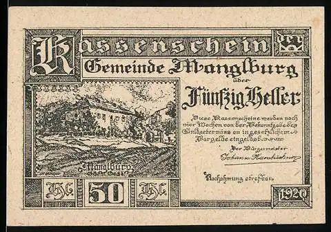 Notgeld Manglburg 1920, 50 Heller, Landschaftsszene, Gemeindewappen und Textverzierung